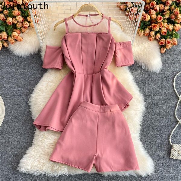 

women's tracksuits joinyouth korean 2 piece set women gauze patchwork off shoulder wide leg short pants summer temperament suit femme, Gray