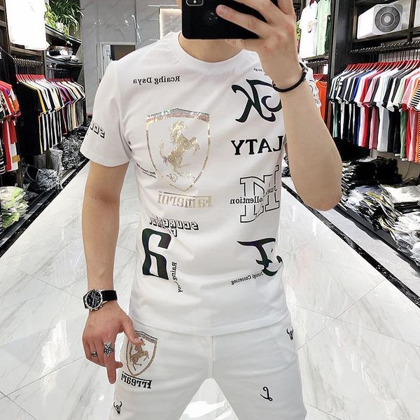 

men's t-shirts 2021 summer letter printing fashion slim short sleeve trend personality ice silk round neck t-shirt, White;black