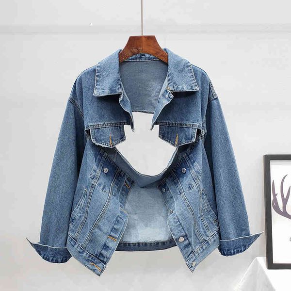 

jacket autumn fashion holes design denim women long sleeve outwear chaqueta mujer loose short blue jeans jacket coat female, Black;brown