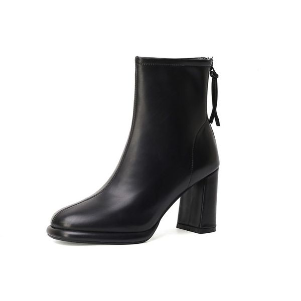 

winter short boots women designer round toe block hight heel soft natural genuine leather party wedding fashion luxury platform lady warorwa, Black