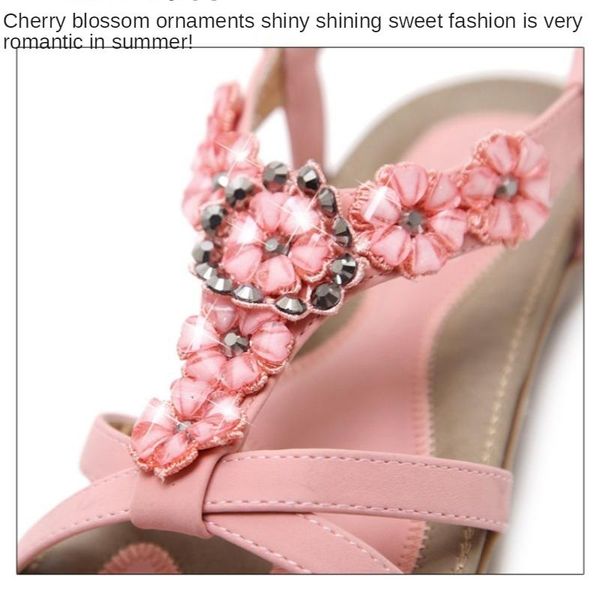 

sandals 2021 summer colors retro bohemian rhinestone beaded flower pattern flat comfortable women's shoes size 35-42, Black