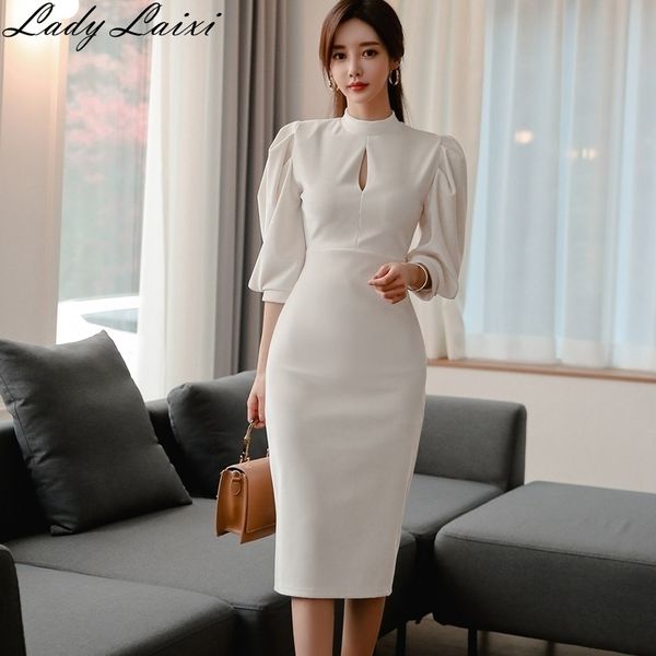 

fashion stand collar puff sleeve bodycon dress female pencil dresses spring slim casual solid color midi dress new 210325, Black;gray