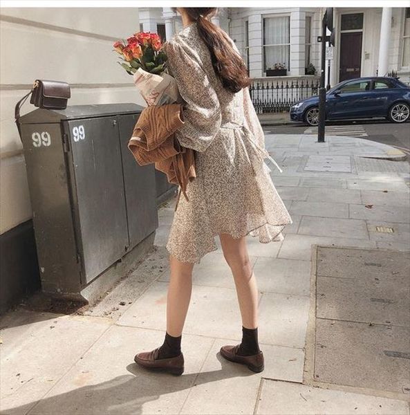 

autumn girls vintage casual women dress long sleeve print chiffon o neck white boho robe femme vestido, Black;gray