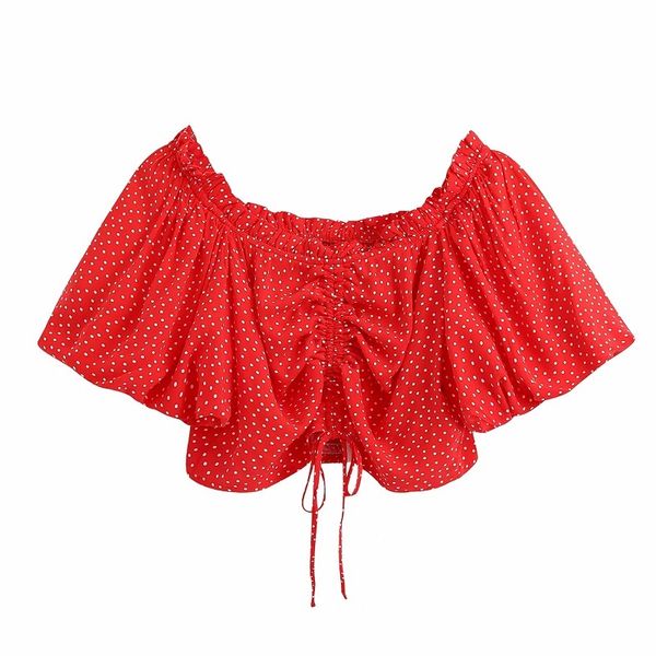 Frauen Süße Rote Polka Dot Kurze Blusen Vintage Puffärmel Verstellbare Kordelzug Kittel Mädchen Chic Tops 210520