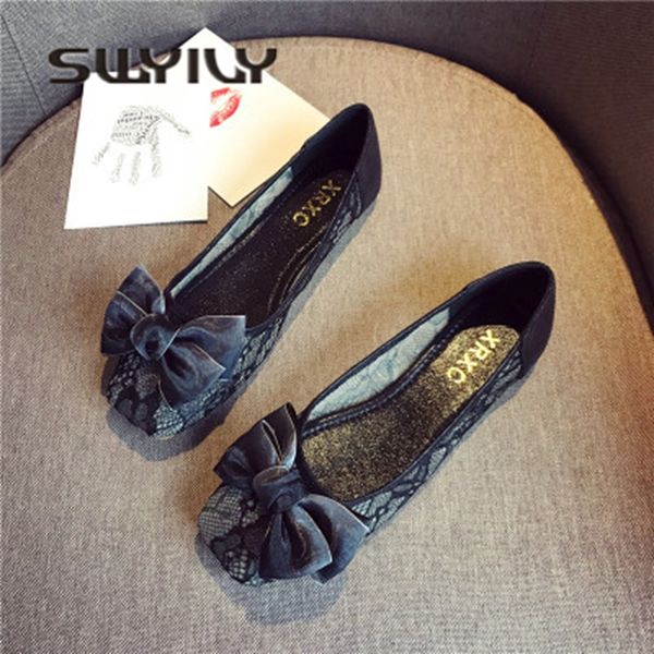 

woman boat shoes flock bow 2018 autumn lace female casual shoes square toe flats shoes breathable ol boat 41, Black