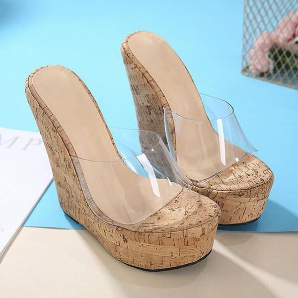 

slippers 2021 summer concise clear pvc transparent peep toe platform wedges sandals women fashion high heels female shoes, Black