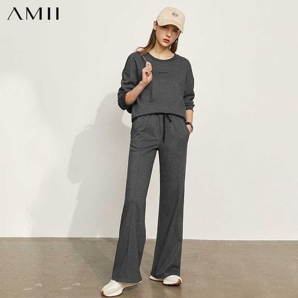 

amii minimalism spring women hoodies set causal oneck letter loose pullover elastic waist long pants 12140172 210930, White