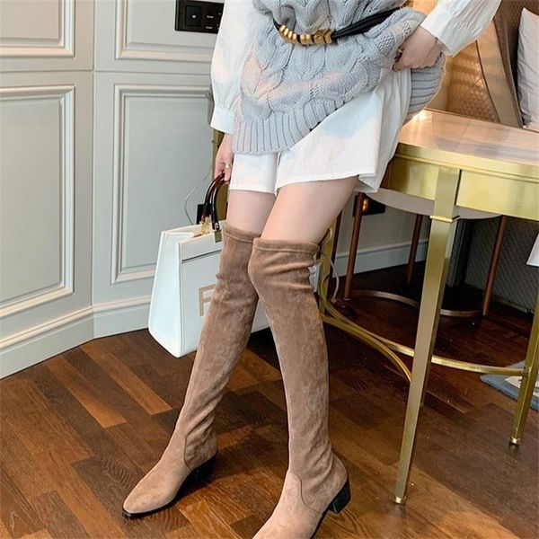 

boots small 2021 winter thick heel square head women's knee high plush cotton shoes, Black