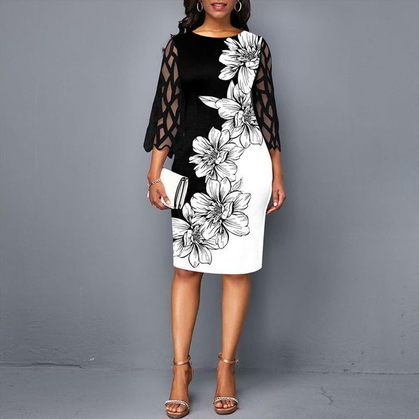 

floral midi black mesh womens dress elegant wedding party 3 4 sleeve summer spring female bodycon d25, Black;gray