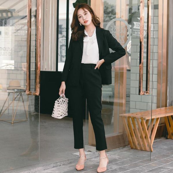 

women's suits & blazers bgteever one button blazer pencil pant black women suit office ladies deep blue solid female set 2021 autumn, White;black