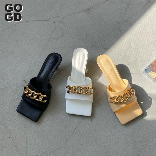 

[gogd]women slipper sandals design gold chain closed toe slip on mules shoes flat heels square head casual slides flip flop, Black