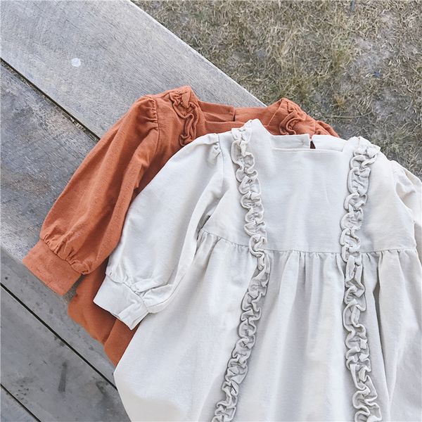 

2021 spring korean style court baby girls princess dress puff sleeve ruched robe pure color toddlers kids retro dresses, Red;yellow