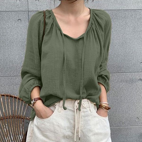 

women's blouses & shirts women long sleeve loose solid lace-up blusas 2022 casual o-neck office blouse ladies stylish work overs, White