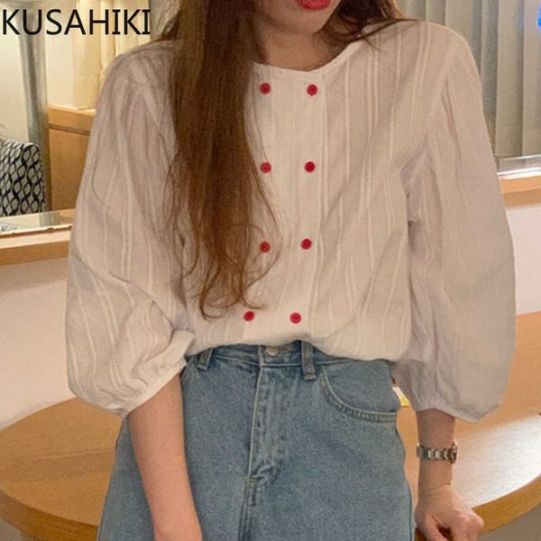 

sweet double breasted womens 3/4 puff sleeve korean blouses spring chic causal blusas shirts 6g215 210603, White