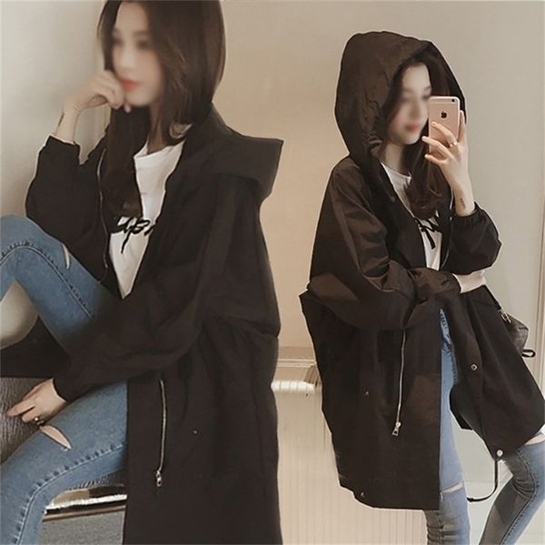 

windbreaker medium long female korean student 2020 versatile new spring and autumn loose leisure thin bf coat, Black