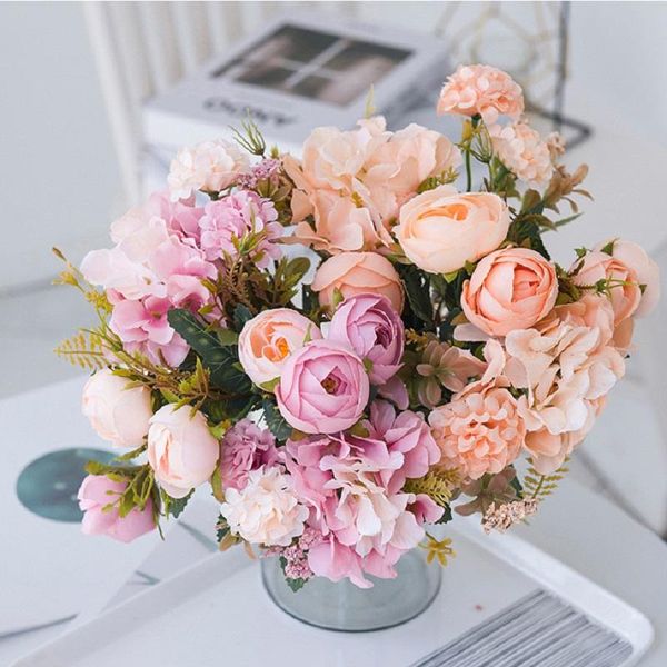 

artificial flowers tea rose bud hydrangea hybrid bouquet silk fake flower autumn decoration diy home garden wedding decor decorative & wreat