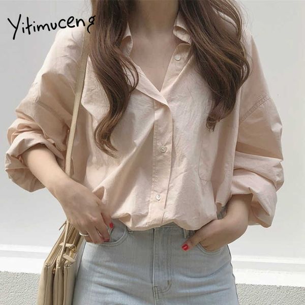 Blusa yitimuceng Donne abbottonati casual oovrsize camicie a maniche lunghe unichecolor pinza rosa primavera estate coreana top 210601