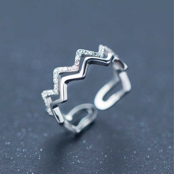 

zircon geometric double layer ring for women 925 sterling silver wave adjustable size rings fine jewelry 210707
