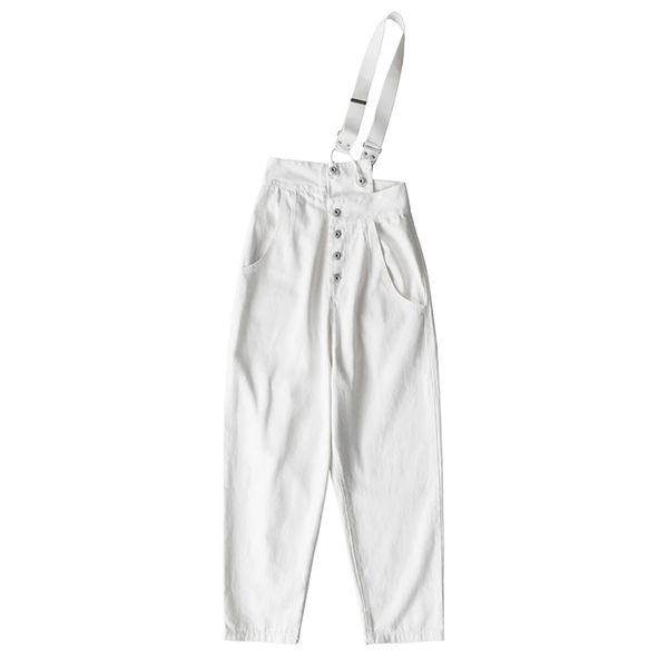 Mulheres branco zíper botão sólido jeans jeans bolso alta rua larga perna calças outono inverno macacão p0046 210514