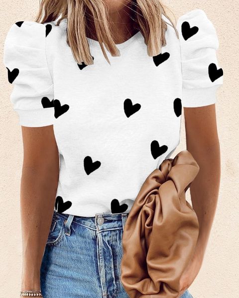 

women's t-shirt summer letter print fashion t shirts women elegant puff short sleeve tee shirt casual o-neck lady pullover streetwear, White