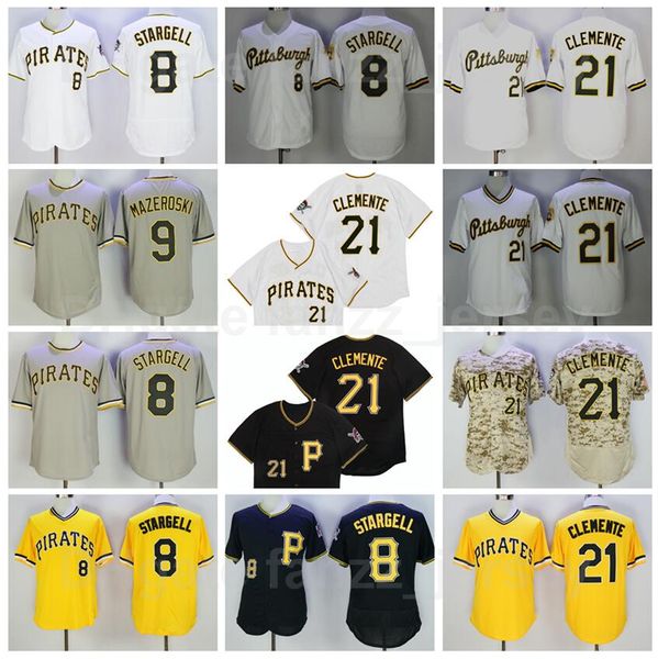

retro pullover baseball 8 willie stargell jersey vintage 21 roberto clement 9 bill mazeroski retire all stitched black white yellow grey tea, Blue;black