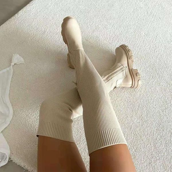 

boots autumn winter breathable knitting upper women thigh high stretch round toe plus size 43 flats shoes thick sole, Black