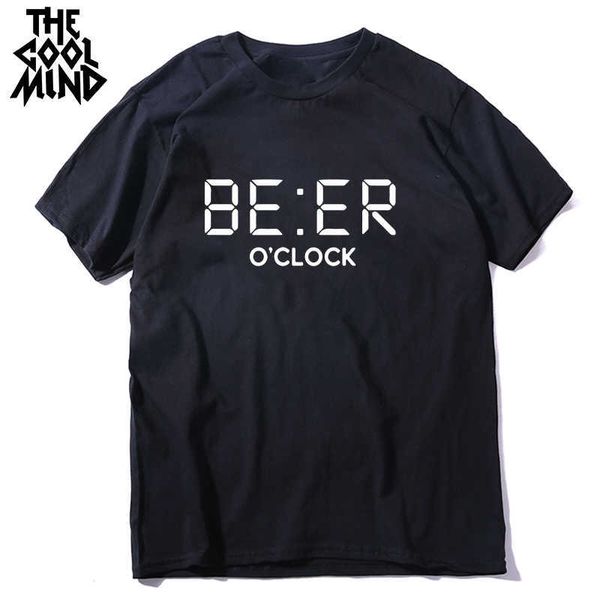 Coolmind 100% Pamuk Komik Bira Oclock Baskı Erkekler T Gömlek Serin Yaz Tshirt Erkek O-Boyun T-shirt S Tee Gömlek 210629