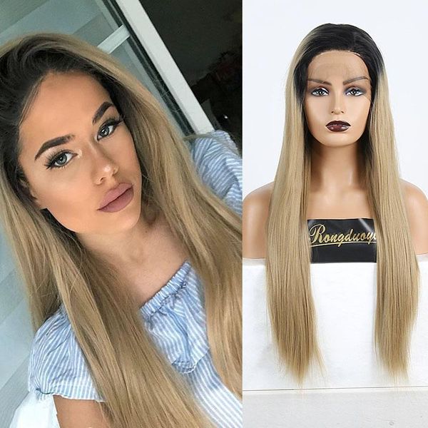

synthetic wigs long silky straight for black women syntehtic lace front wig high temperature fiber ombre brown cosplay