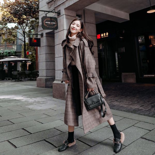 

jacket arrival trinidad wool autumn tweed chess fine coat long belt women manteatu femme f1564 10sj, Black;brown