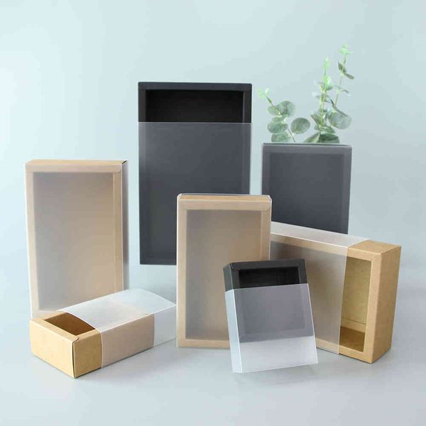 5 pz/10 pz/carta kraft regalo PVC finestra trasparente di imballaggio caramella di cerimonia nuziale squisita scatola di visualizzazione della carta nera 210323