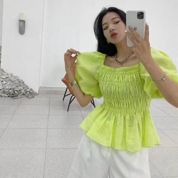

women's blouses & shirts summer 2021 women'shirt pleated solid color vintage square collar puff sleeve sweet korean style fashion, White