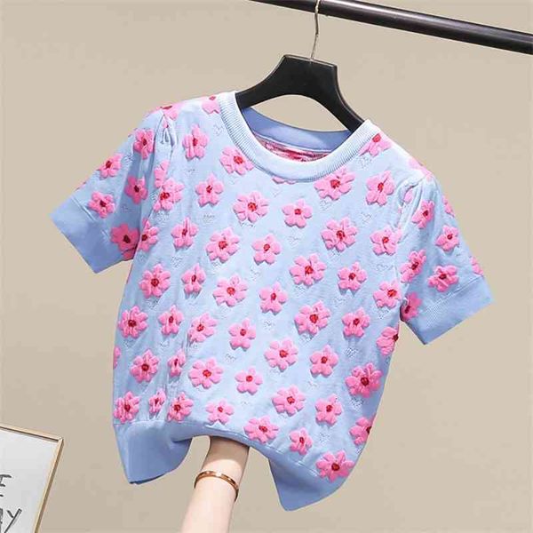 

women's t-shirt fashion embroidery flower knitted t shirt o-neck short sleeve floral baggy summer clothes for women clothing, White