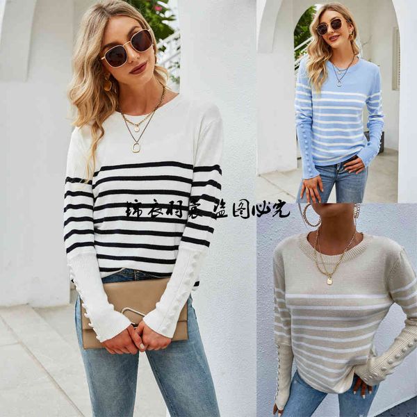 

2021 autumn new women's pullover sweater button decorative stripe large sweater bottoms, White