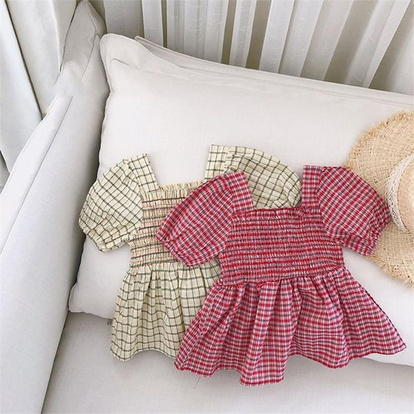 

summer shirts baby girls fashion square collar plaid doll blouses 2021 kids puff-sleeved cute gilrs children clothes, White;black