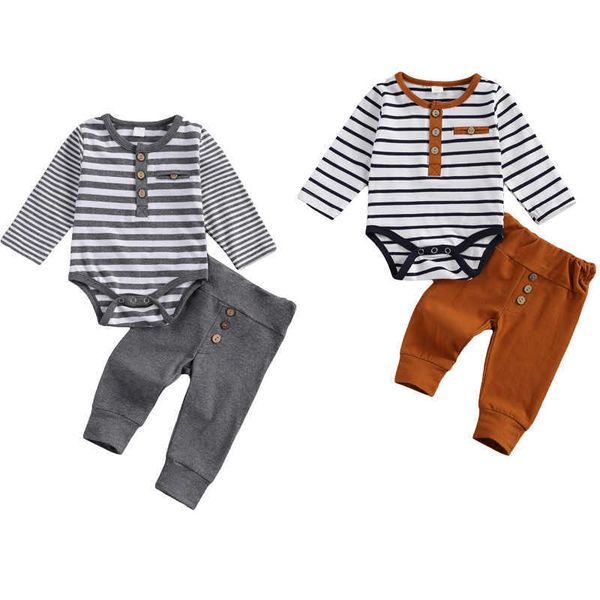 

lioraitiin 2 pcs baby boy girl casual suit clothing round neck long sleeve stripe romper button decoration loose trousers, White