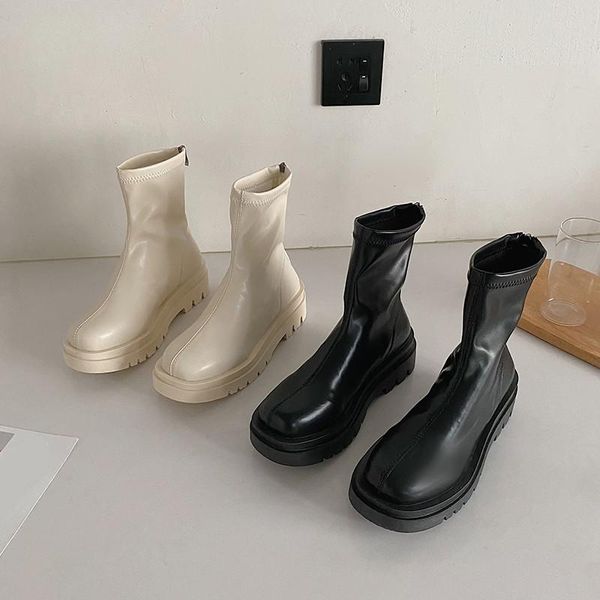 

boots women's rubber autumn shoes round toe boots-women flat heel winter footwear rain 2021 ladies rock mid calf mid-calf low, Black