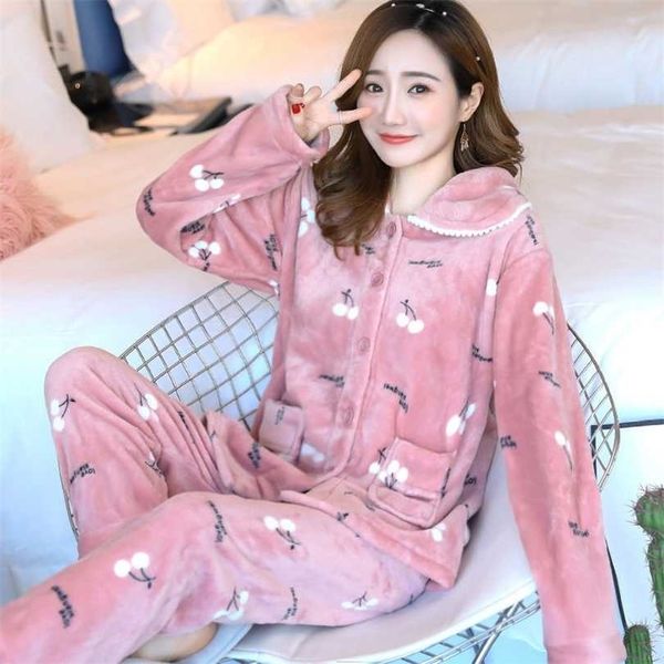 

winter flannel warm women pajamas set homewear thick female fashion sleepwear pyjamas suit women's pijama mujer 211215, Black;red
