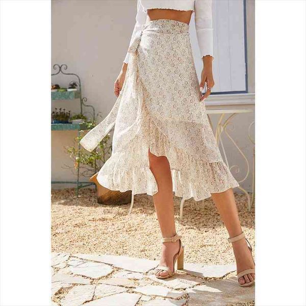 

summer female skirts korean high waist print lace up long skirts elegant split fork irregular style women, Black