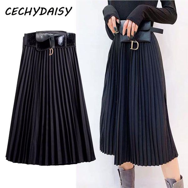 

pleated skirt women runway 2021 winter sashes elegant casual solid high waist vintage black long clothes fahion jupe femme skirts