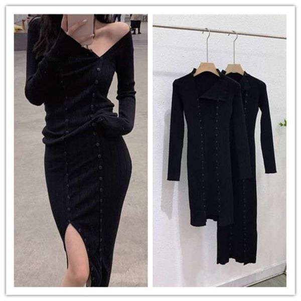 

machine design multiple wear with round neck black light mature style slim long sleeve knitted dress, Black;gray