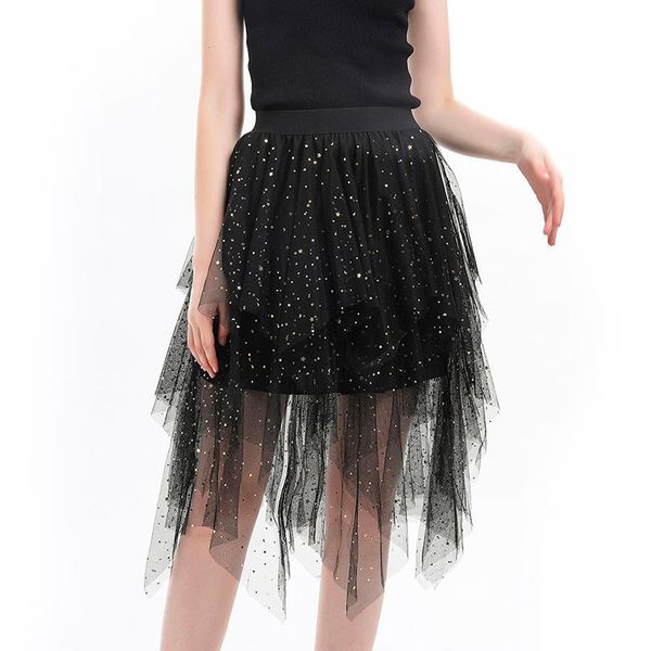 

skirts summer tutu lace mesh jupe star sequins girl skirt elegant high waist fluffy women irregular spodnica, Black