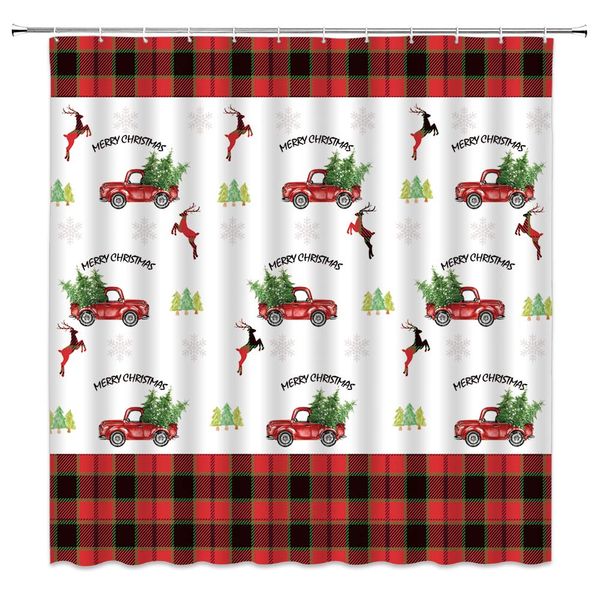 

merry christmas shower curtain winter wonder lane retro red truck xmas tree elk rustic buffalo plaid vintage festival home