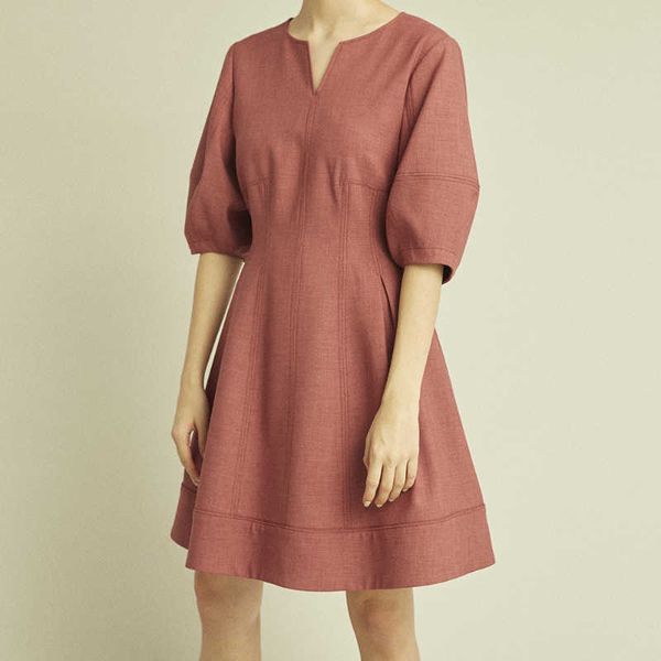 

sweet puff sleeve mini dres bright line decoration design vestidos simple japan style elegant v-neck 210525, Black;gray