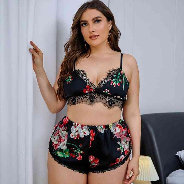

women black floral print pajamas set lace patchwork plus size spaghetti strap 2 pieces suit nightwear, Black;red
