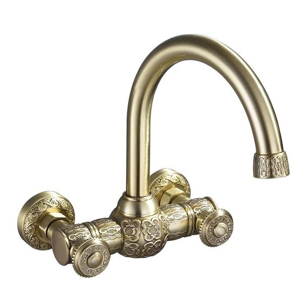 

bathroom basin faucets wall mounted dual handle in-wall & cold sink mixer tap antique brass carved rotating basin faucet