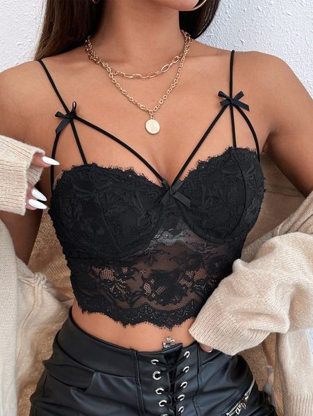 

bow front sheer lace cami e3t5#, White