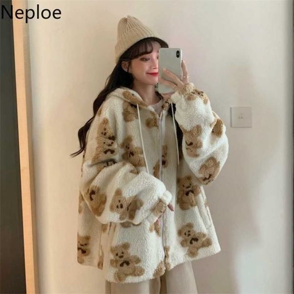 

neploe cute women hoodie winter loose hoodies sweatshirts streetwear thick lamb wool bear coat zipper oversized outwear 211013, Black