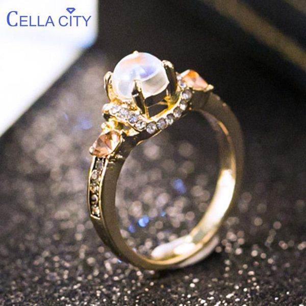 

cluster rings cellacity silver 925 ring for women jewelry with gemstones vintage style round 6*6mm moonstones gold color female size6-10, Golden;silver
