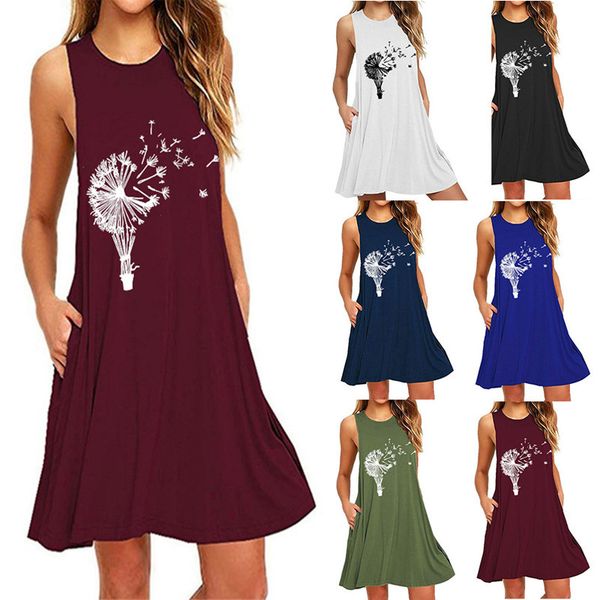 

plus size women clothing summer sleeveless dandelion print dresses casual o-neck pocket loose vest dress vestido female 210423, Black;gray