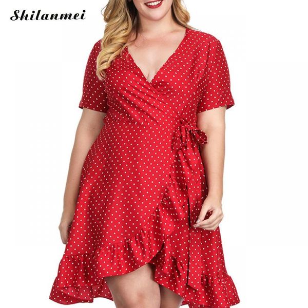 

casual dresses 2021 fashion women short sleeve mini summer ruffled wrap beach dress vestito female plus size 4xl red, Black;gray